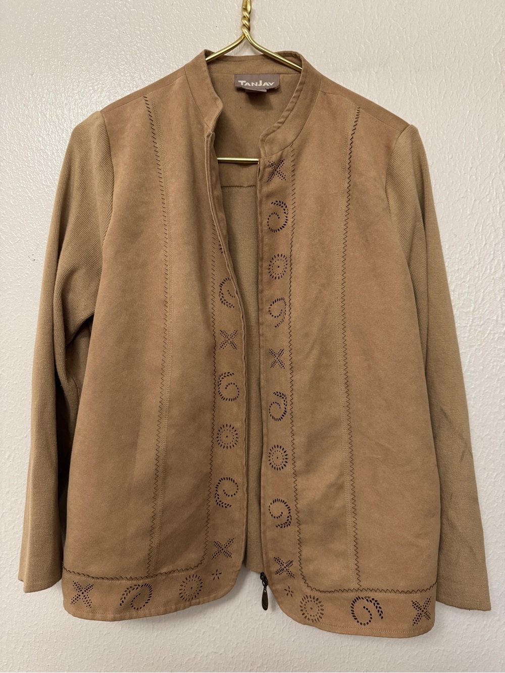 TanJay Suede-Style Tan Zip Front Jacket with Decorative Perforation